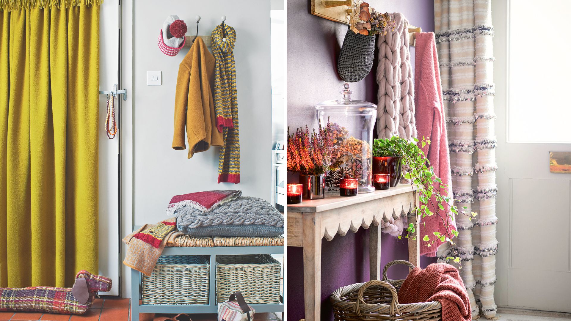 split image of two hallways with fabric door curtains