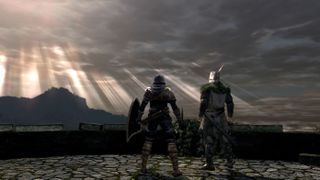 The player character and Solaire stood side by side in Dark Souls Remastered.