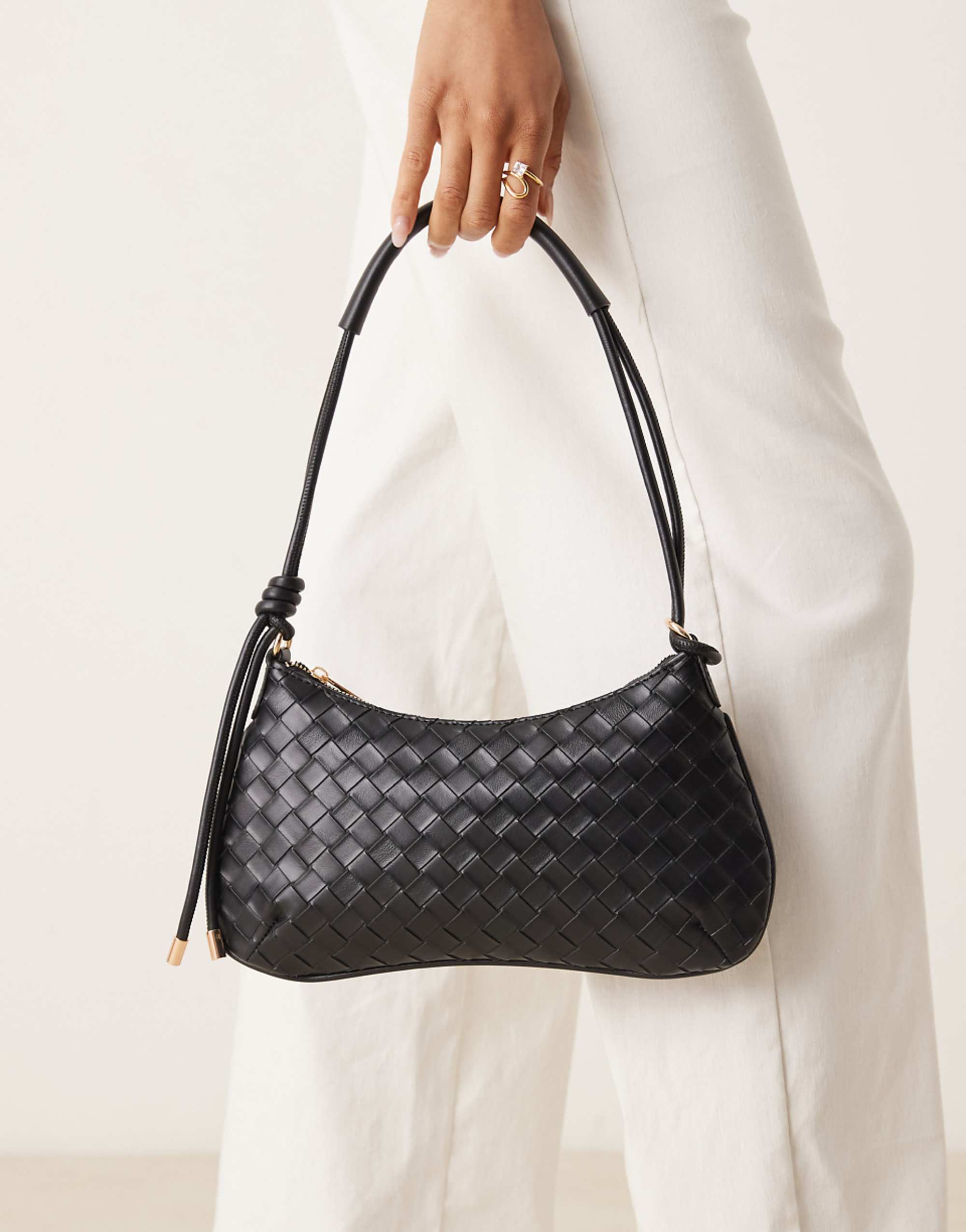 Asos Design Woven Shoulder Bag With Knot Detail Skinny Strap in Black
