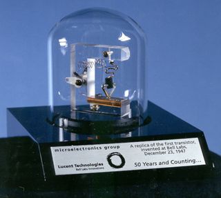 Replica of the first ever transistor, manufactured at Bell Labs in 1947.