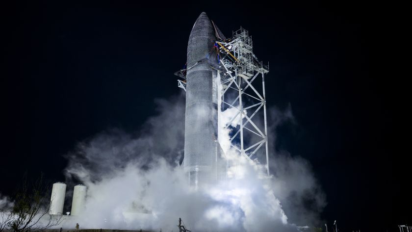 SpaceX's Starship is tested at night as the spacecraft vents into the spotlights.