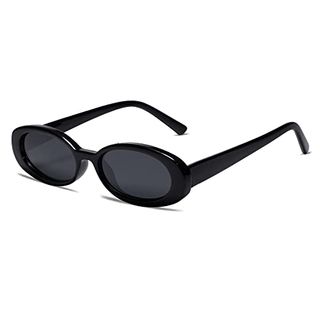 Vanlinker 90er-Sonnenbrille für Damen und Herren, ovale Retro-Sonnenbrille, polarisiert, UV400-Schutz, schmale Brille (schwarz, grau)