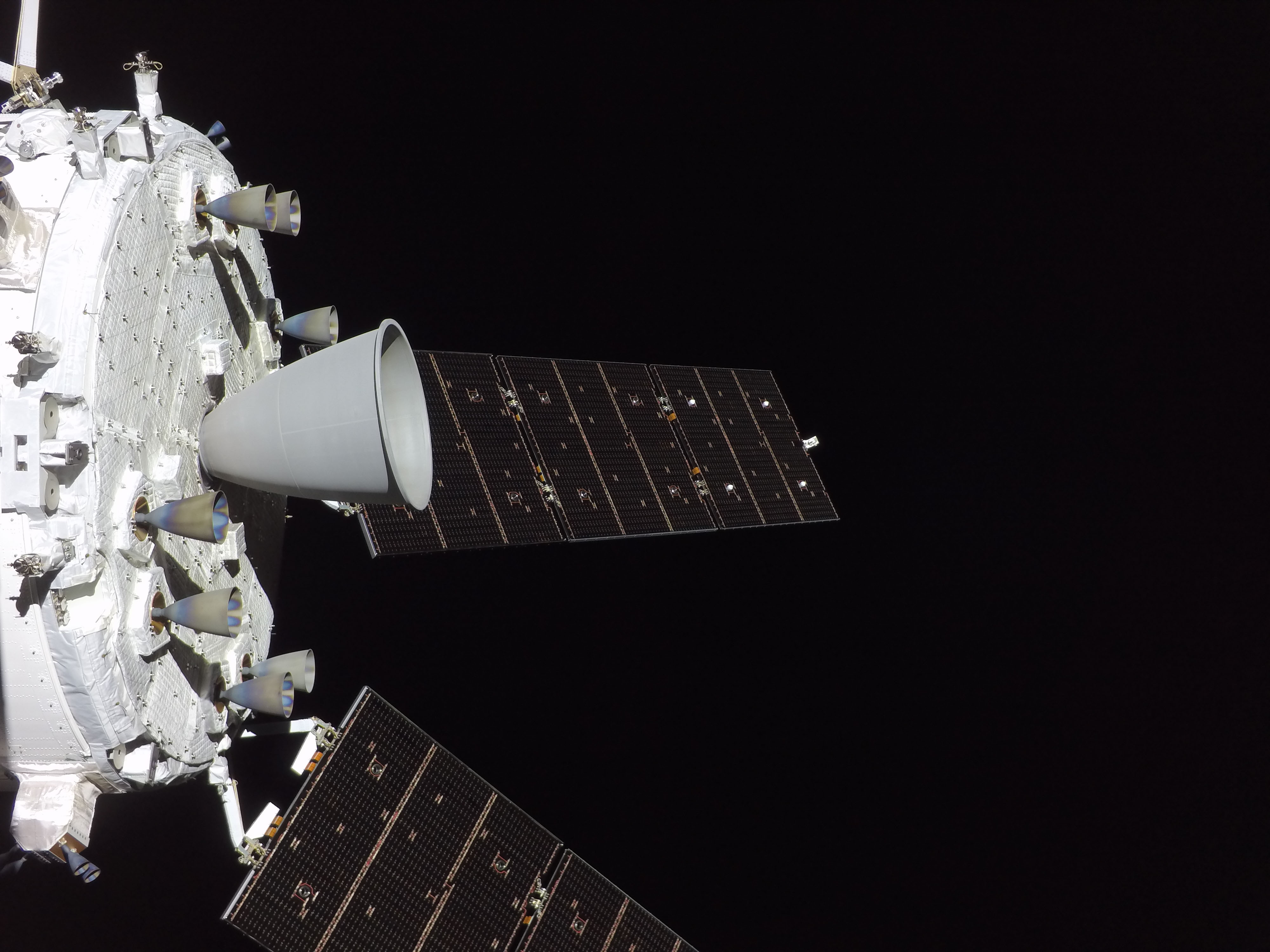 This image captured from the outside of Orion on the Artemis II spaceflight was captured with a GoPro Hero4 Black