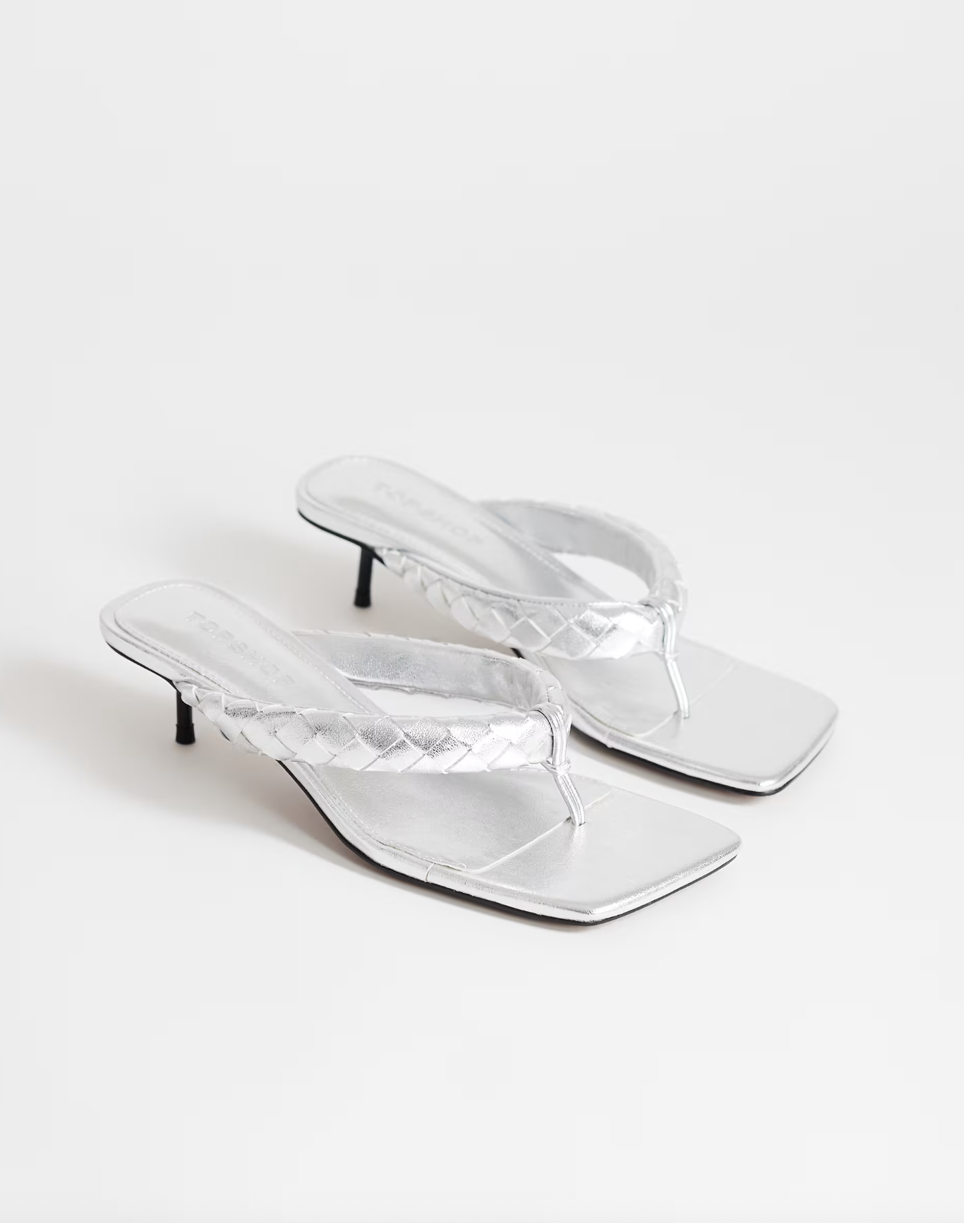 Emily pin mid heel woven toe thong sandal in silver