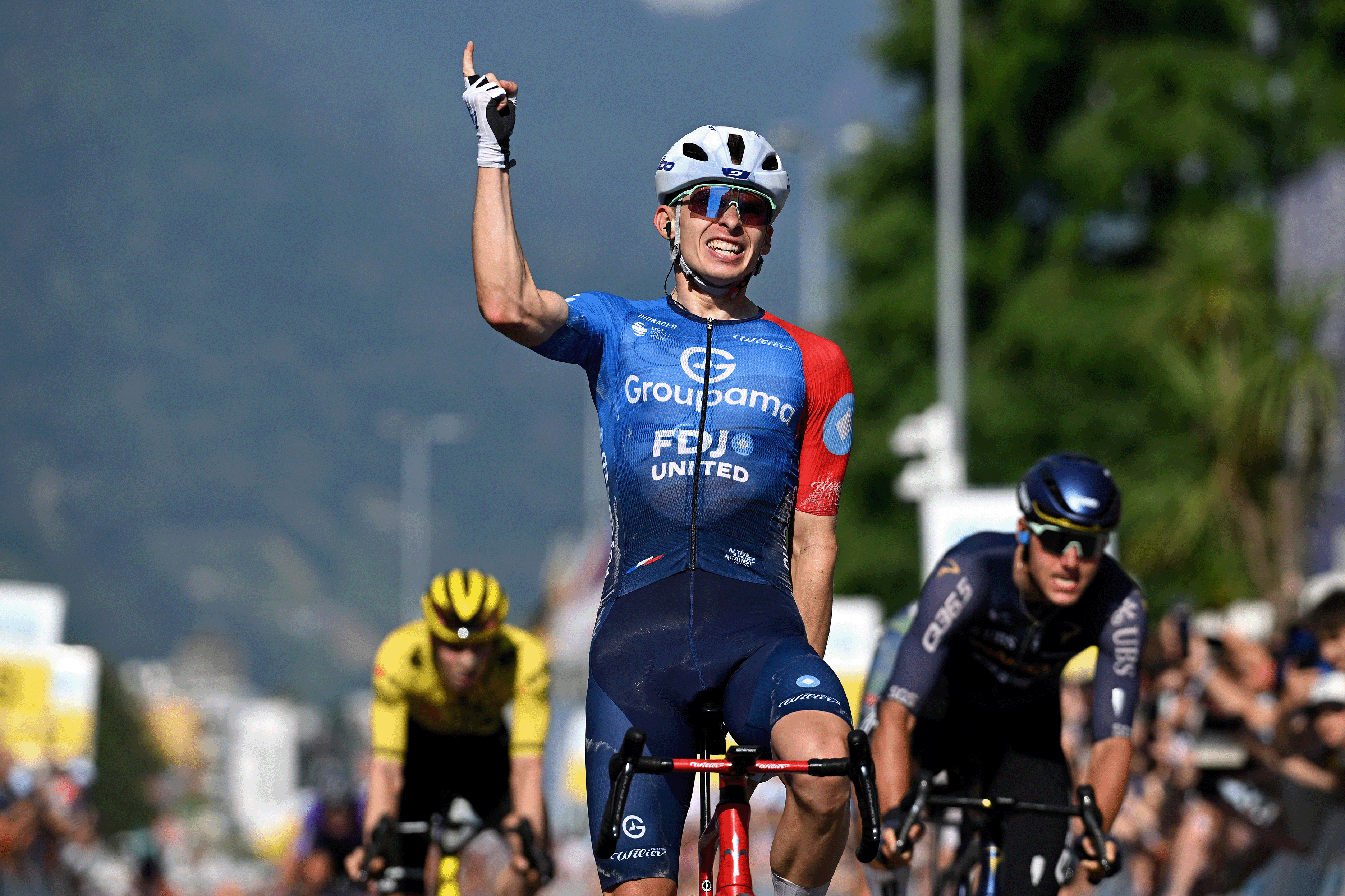 LOCARNO, SWITZERLAND - JUNE 18: Romain Gregoire of France and Team Groupama - FDJ United celebrates at finish line as stage winner during the 89th Tour de Suisse 2026, Stage 2 a 157.7km stage from Locarno to Locarno / #UCIWT / on June 18, 2026 in Locarno, Switzerland. (Photo by Tim de Waele/Getty Images)