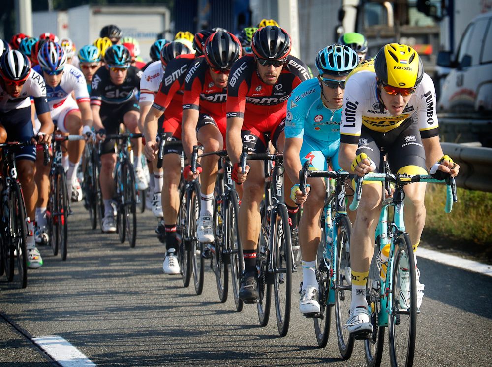 LottoNL-Jumbo and Astana riders take their turn on the front.