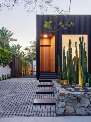 Entrance with cacti at Centered Home in LA by Annie Barrett + Hye-Young Chung