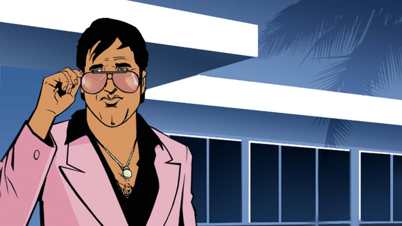 Sonny standing in front of a Vice City luxury house in distinctive GTA art style