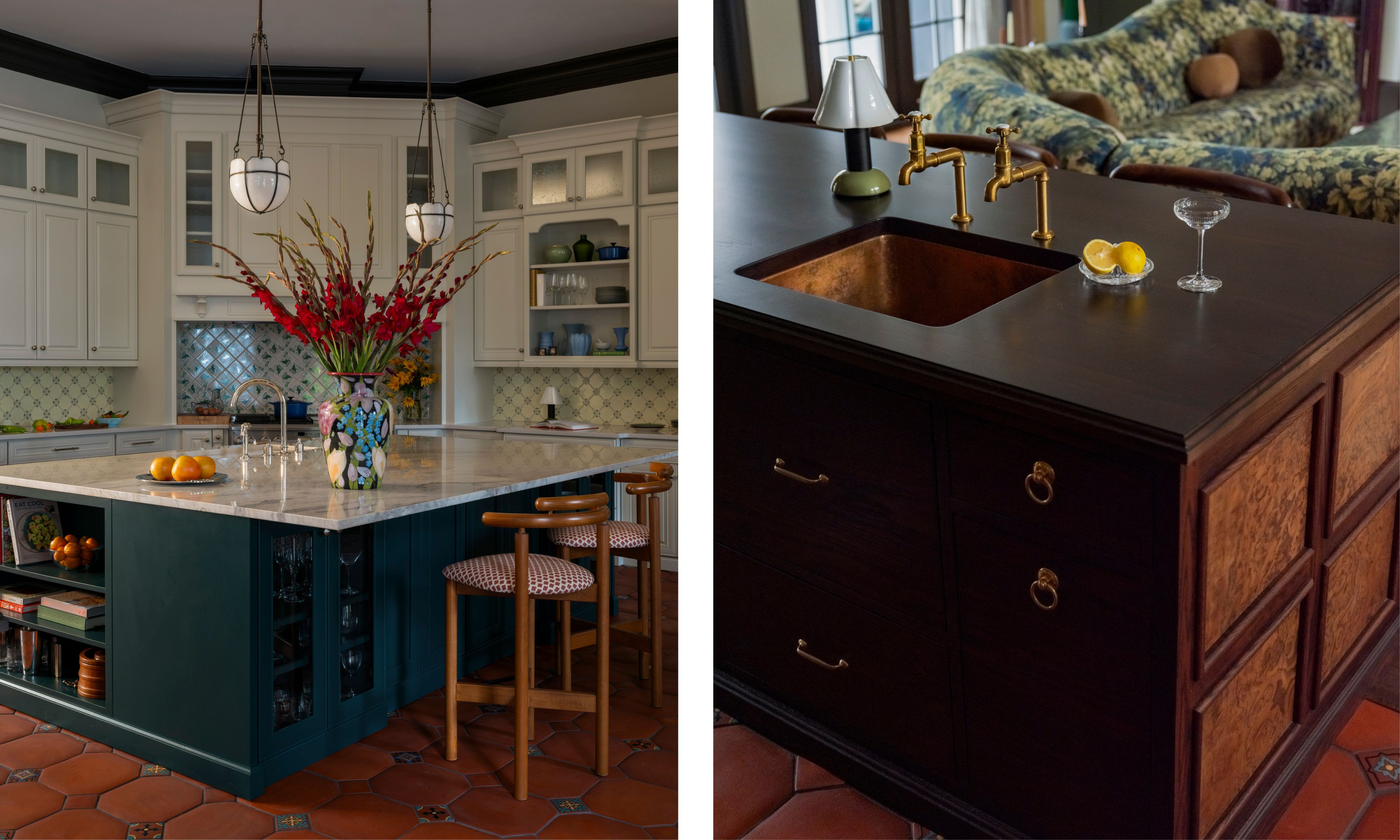 two side by side images of a white kitchen with terracotta floor, a dark green island with a second walnut island
