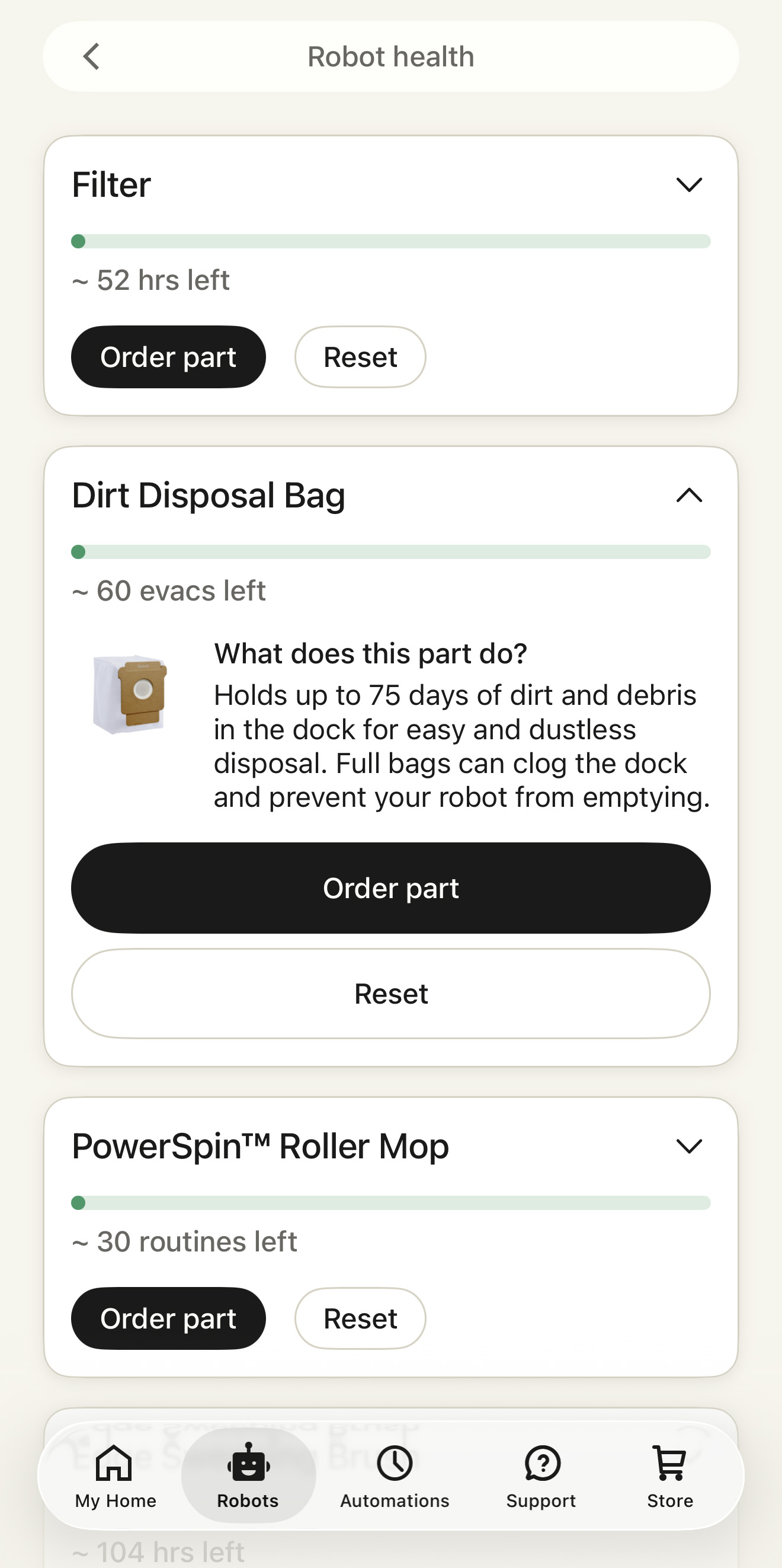 Screenshot from the Roomba app that shows the health of the robot including how to order a replacement dirt disposal bag