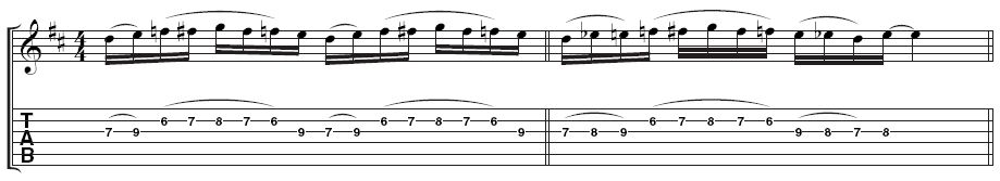 Example 2 - Adding chromatic notes: Marty adds some chromatic passing notes in two ways here. Pick the note at the start of each repetition strongly to keep the rhythm going.