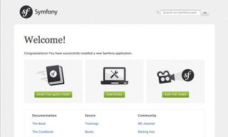Welcome! Here we can see the screen congratulating you on installing Symfony2, which provides links to helpful resources