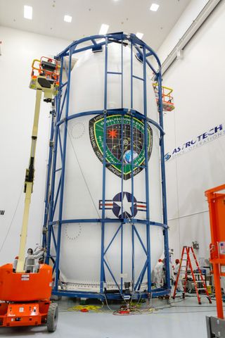 The U.S. Air Force's first GPS III navigation satellite is encapsulated in its protective payload fairing ahead of its launch on a SpaceX Falcon 9 rocket in this image taken Dec. 7, 2018.