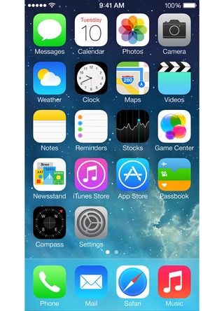 The default iOS 7 home screen, Game Center standing out like a badly designed sore thumb