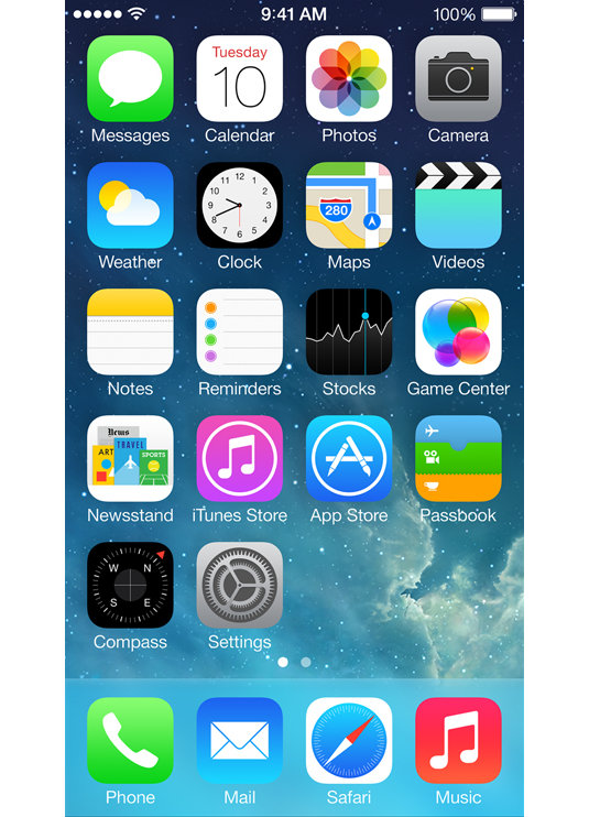 The default iOS 7 home screen, Game Center standing out like a badly designed sore thumb