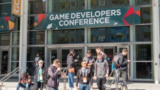 Attendees congregating outside the Game Developers Conference