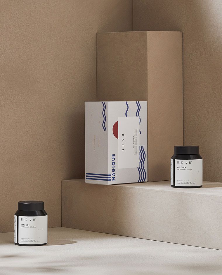 Australian brand Bear, founded by Saasha Burns and Sam Leetham, offers three types of products: vitamin pills and powders, complemented by topical skincare