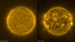 two views of the sun; on the left, a fairly calm surface, on the right, the sun appears much more chaotic