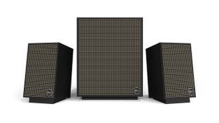 Klipsch Promedia Heritage 2.1 review: black speakers and subwoofer on white background