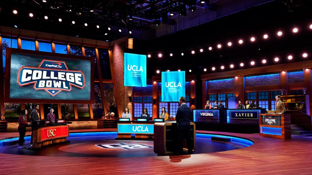 College Bowl contestants from USC, UCLA, Virginia, and Xavier and show sideline reporter Cooper Manning and host Peyton Manning.