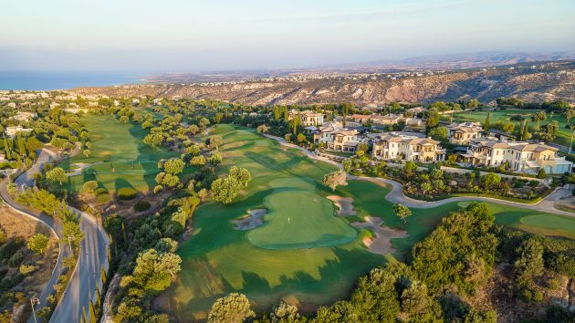 An aerial view of the par-3 twelfth at Aphrodite Hills