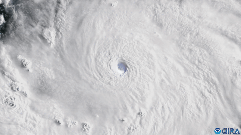 A GIF of lightning flashes around the eye of Hurricane Erin, taken from the GOES-19 satellite. 