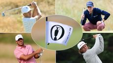 A white Open flag centered around Jordan Spieth, Justin Thomas, Brooks Koepka and Cameron Smith hitting golf shots