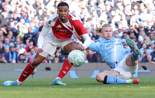 Erling Haaland of Manchester City scores their second goal during the Premier League match between Manchester City and Arsenal at Etihad Stadium on April 19, 2026 in Manchester, England.