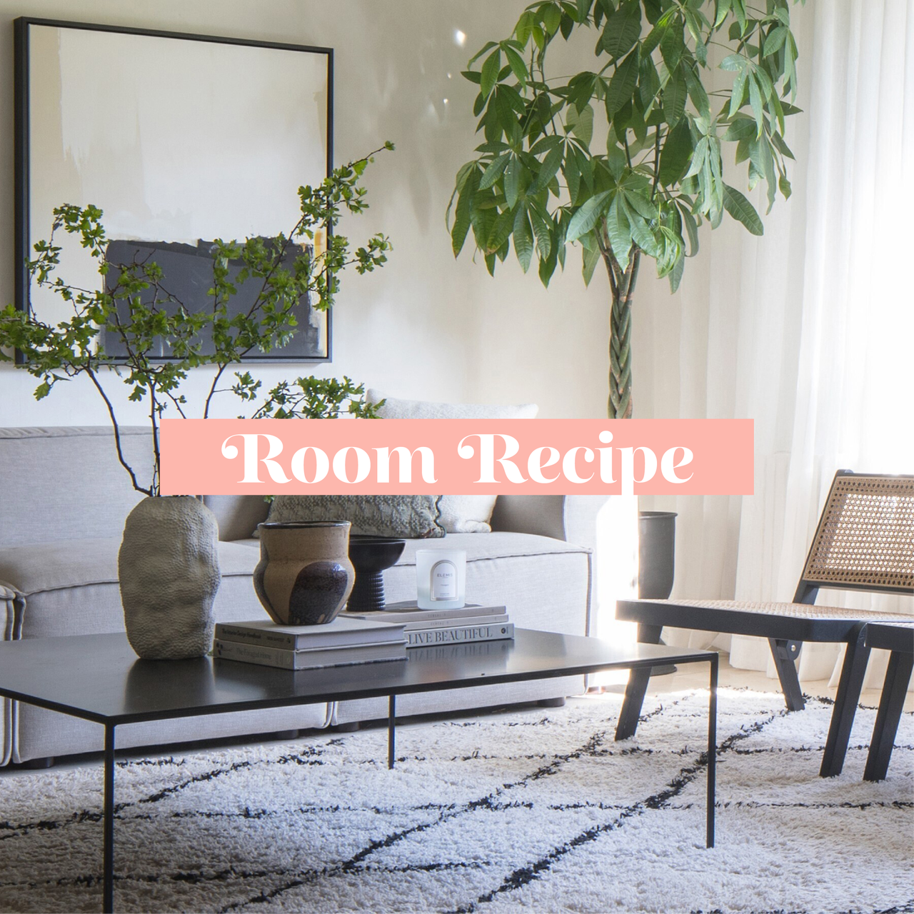 Japandi living room with beige sofa, coffee table, wooden chair and floor lamp to the left, plant and picture on wall to the right, berber rug on floor