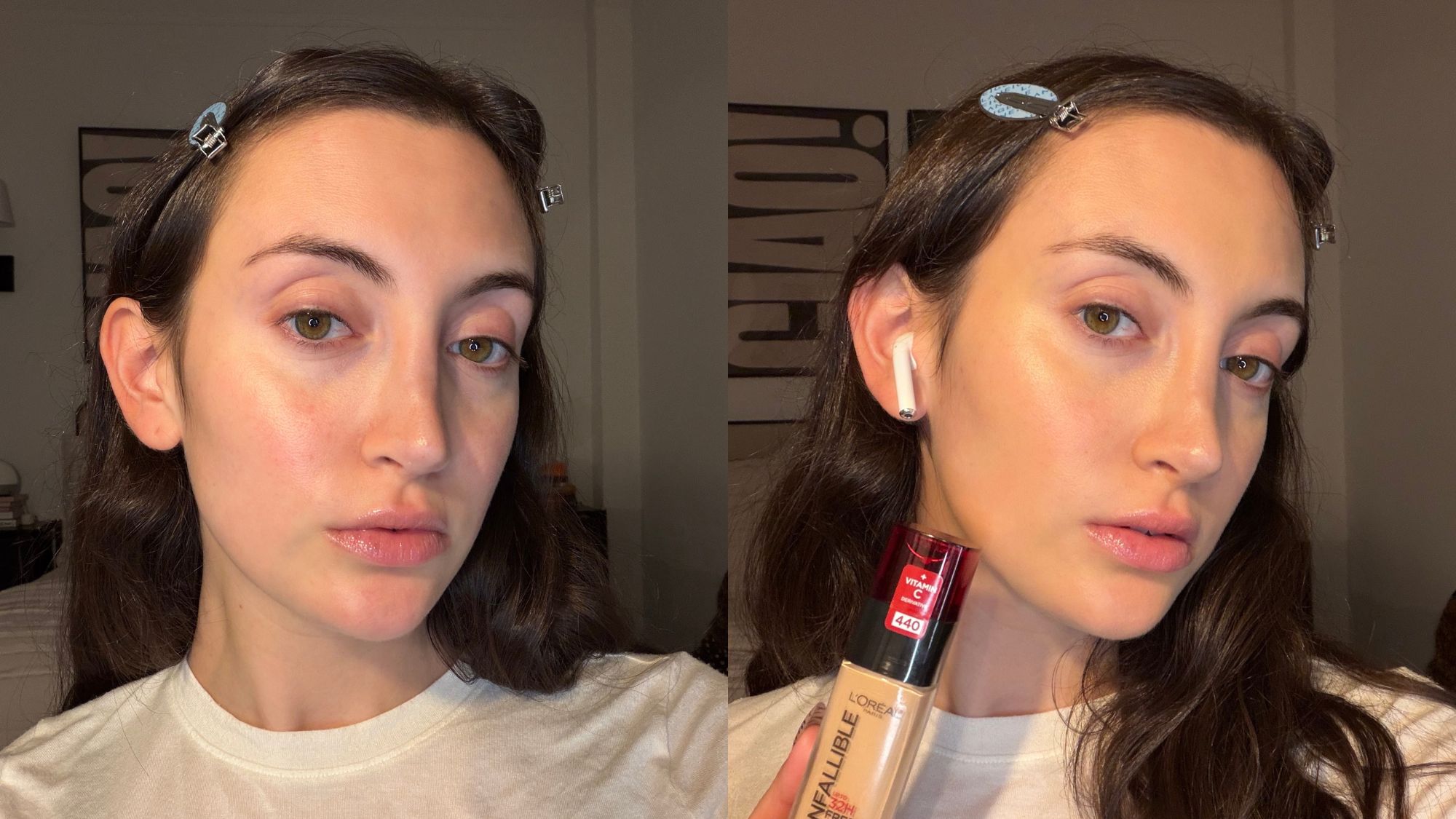An image of Who What Wear associate beauty editor Alyssa Brascia before and after applying the L&amp;rsquo;Or&amp;eacute;al Infallible 32H Fresh Wear Foundation.