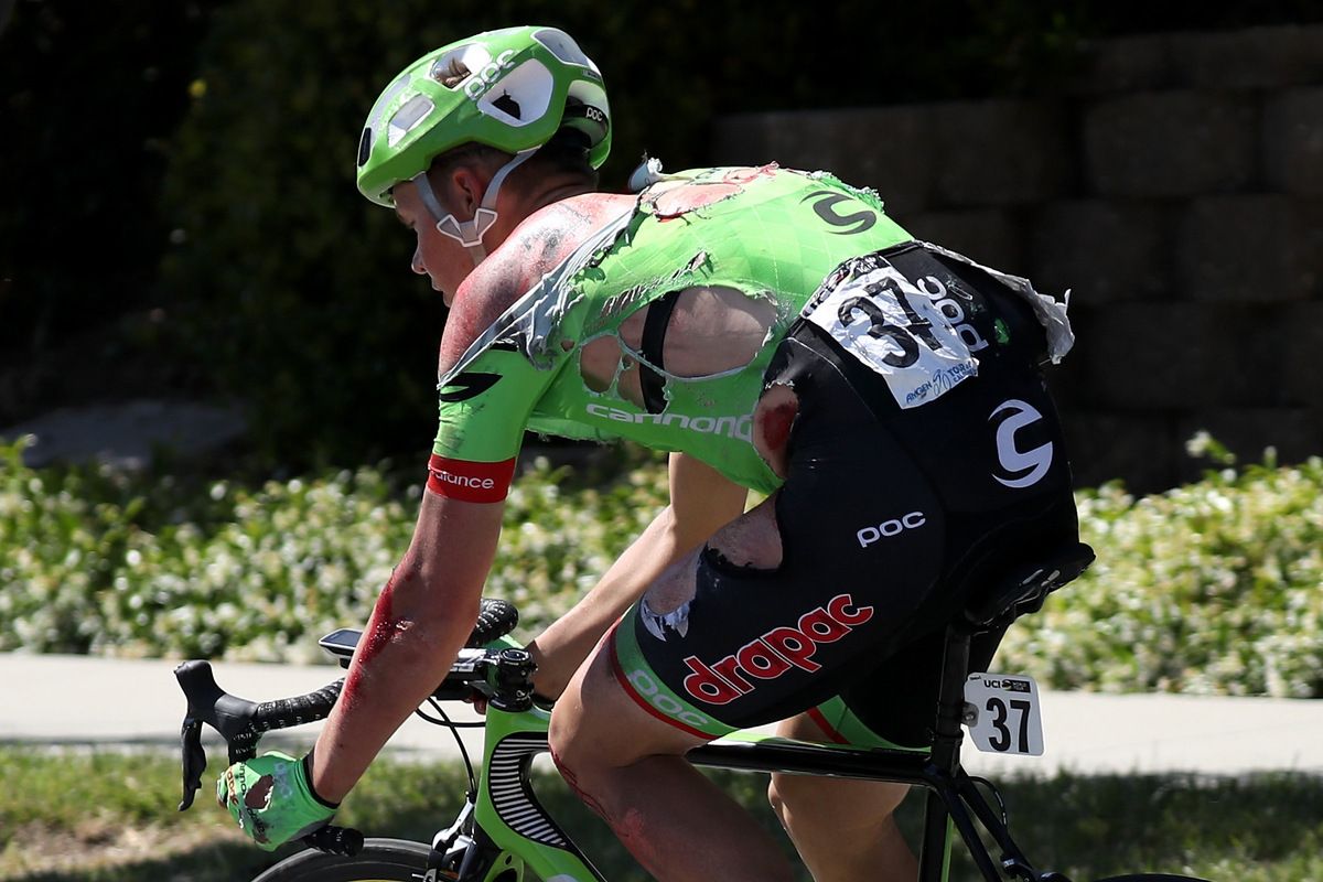 Toms Skujins (Cannondale-Drapac) after his dramatic crash