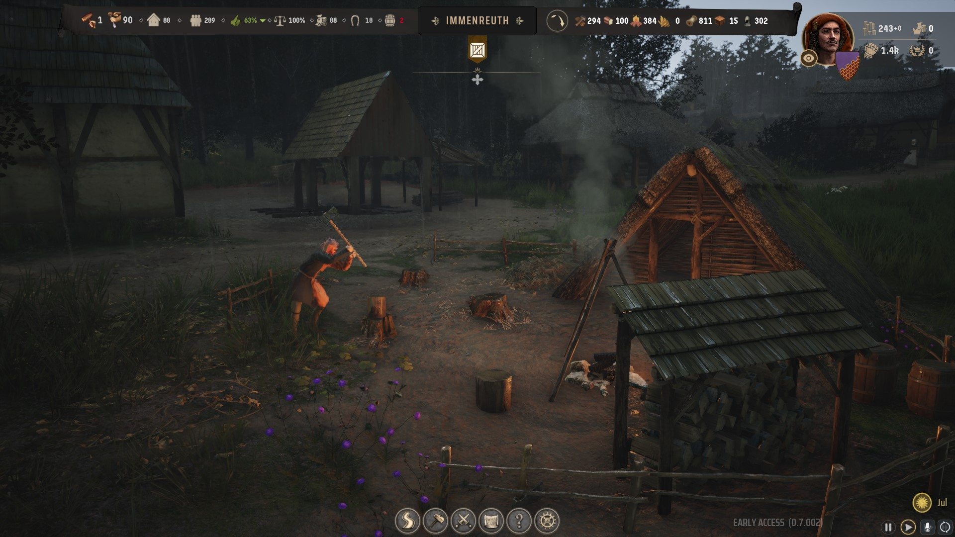 A woodcutter working next to his hut in the game Manor Lords