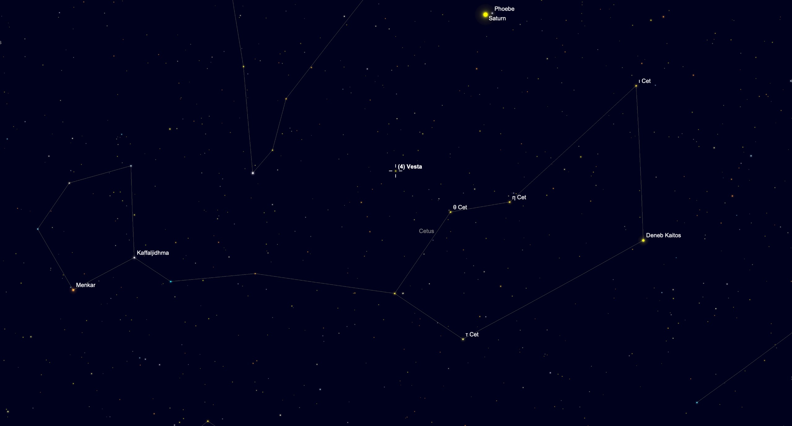 Star chart showing the location of asteroid Vesta in the constellation Cetus on Oct. 13, with Saturn nearby.