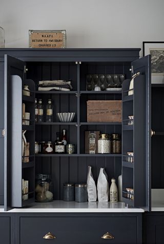 dark blue kitchen with cabinet on countertop with open doors with spice storage, inside shelving with bottles, jars, packages, napkins