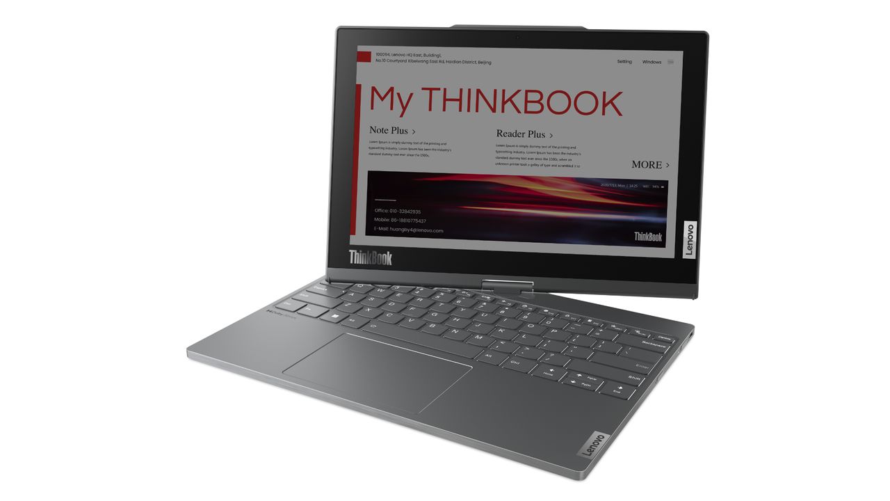 Lenovo ThinkBook Twist, open and with e-ink display twisted in.