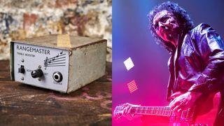 LEFT: Description : A vintage Dallas Rangemaster that once belonged to Irish rock musician Rory Gallagher, taken on April 5, 2019. RIGHT: Tony Iommi performs with Black Sabbath at Telenor Arena in Oslo, Norway, 24/11 2013.