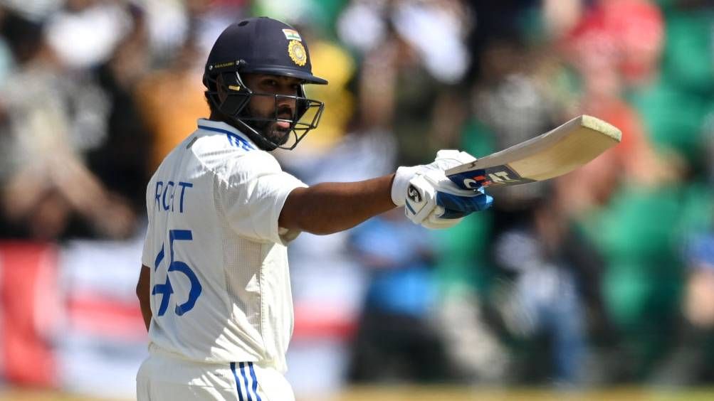 India captain Rohit Sharma celebrates reaching his century during day two of the 5th Test Match between India and England 