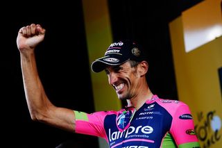 Ruben Plaza (Lampre-Merida) smiles at the crowd from the podium