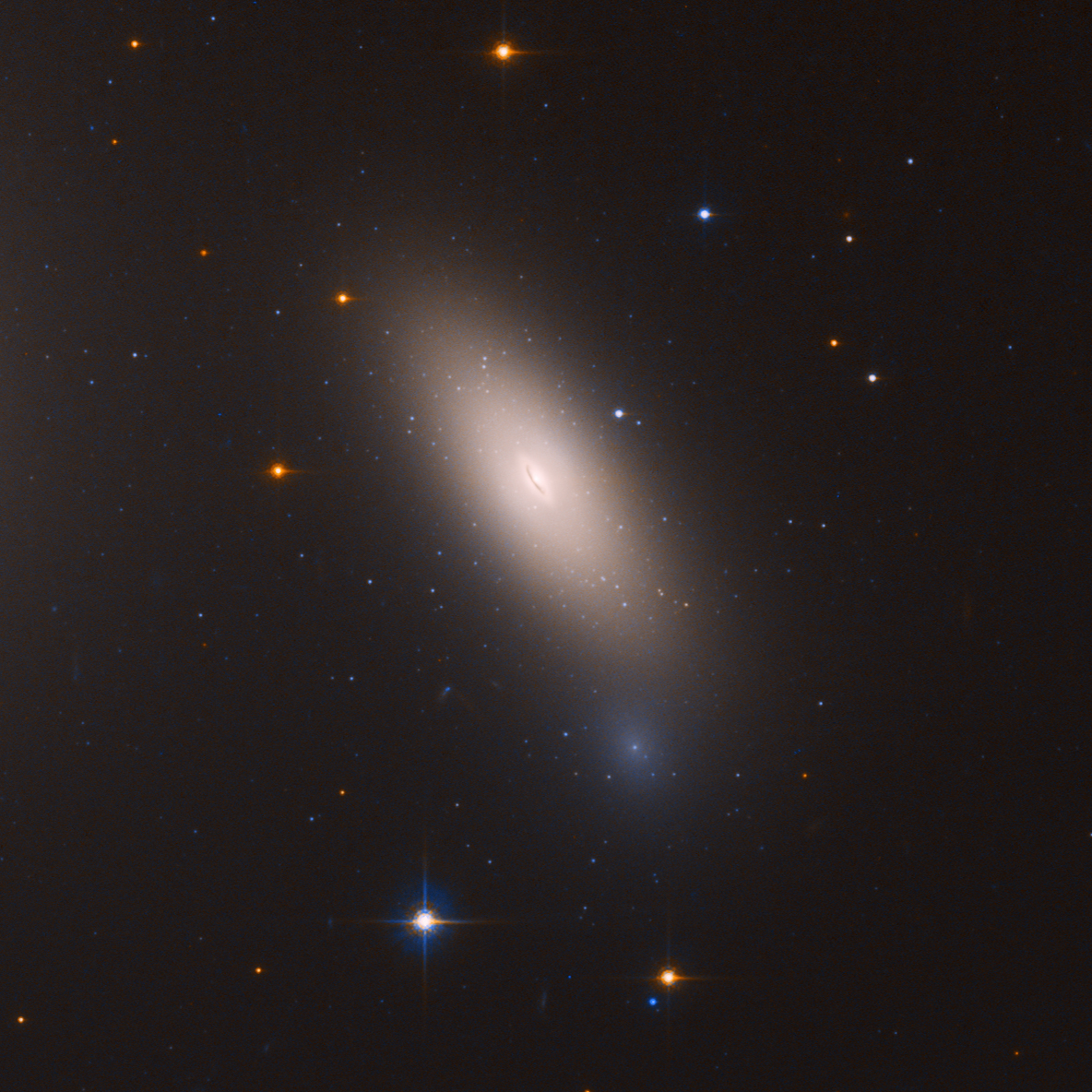 This Hubble Space Telescope image shows the galaxy NGC 1277, which is unique in that it is considered a relic of what galaxies were like in the early universe. NGC 1277 is composed exclusively of aging stars that were born 10 billion years ago.