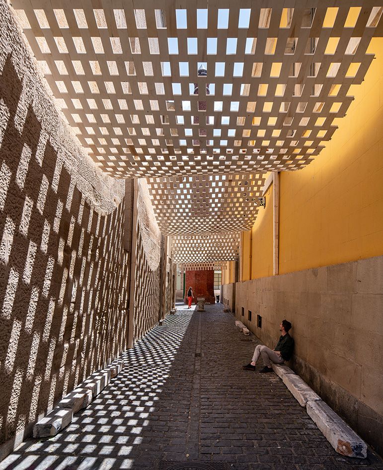 Colourful architectural installation in streets of Spanish town of Logroño