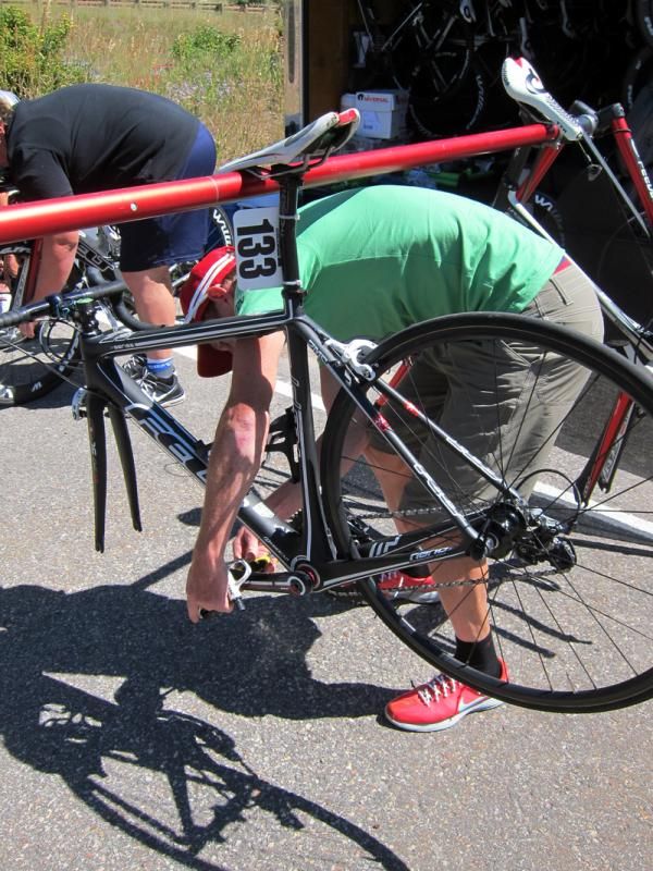 Exergy team mechanics were busy swapping riders' pedals from their road bikes to their TT rigs the morning of the Vail stage.