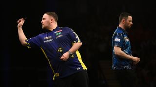 Luke Littler in action on his way to winning the final against Luke Humphries during the 2025 BetMGM Premier League Darts event at Utilita Arena on March 27, 2025 in Newcastle upon Tyne, England.