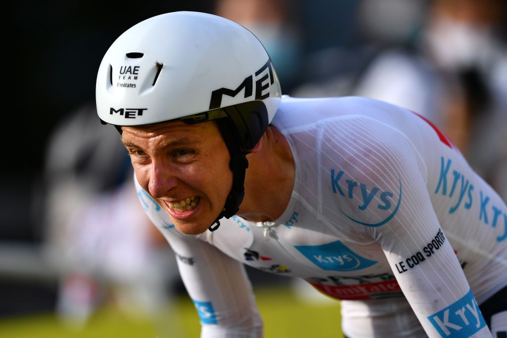 LA PLANCHE FRANCE SEPTEMBER 19 Arrival Tadej Pogacar of Slovenia and UAE Team Emirates White Best Young Jersey during the 107th Tour de France 2020 Stage 20 a 362km Individual Time Trial stage from Lure to La Planche Des Belles Filles 1035m ITT TDF2020 LeTour on September 19 2020 in La Planche France Photo by Stuart FranklinGetty Images