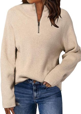 Zanzea Women's Pullover Sweater Long Sleeve Quarter Zip Knit 2024 Trendy Winter Clothes Khaki Small