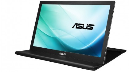 Asus MB169B Plus på en hvid baggrund med Asus-logoet på skærmen