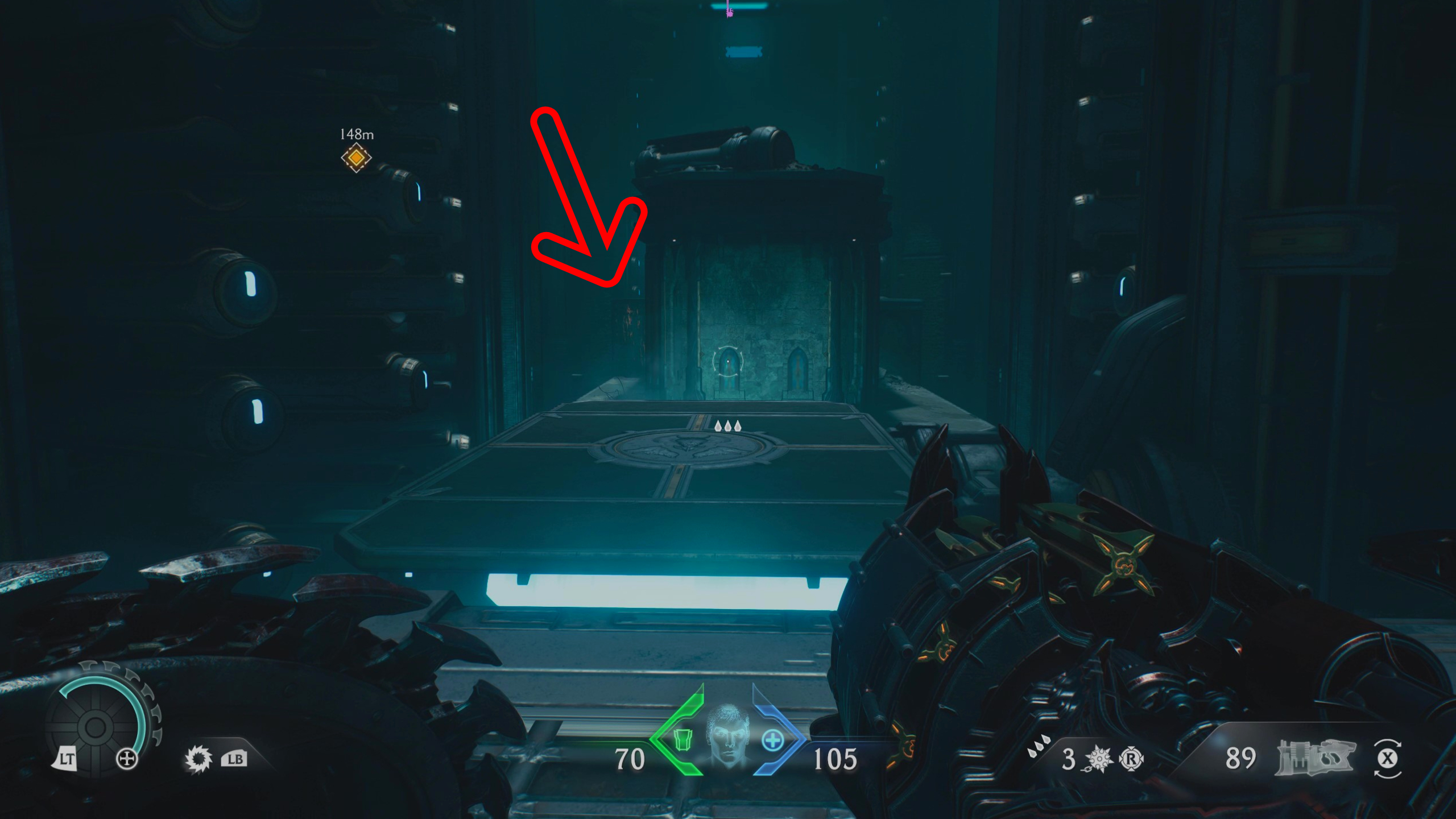 Doom: The Dark Ages Ancestral Forge secrets - An arrow pointing to a climbing wall in the distance, which is next to a hidden ledge.
