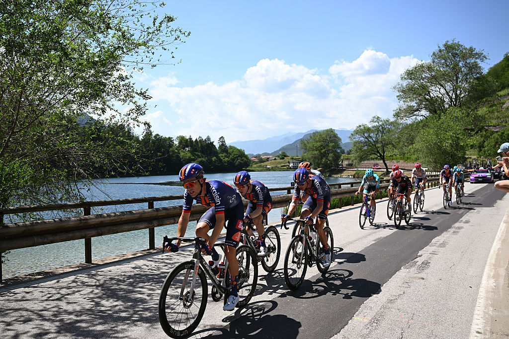 PIEVE DI SOLIGO, ITALY - MAY 28: (L-R) Tim Naberman of Netherlands, Warren Barguil of France and Team Picnic PostNL and a general view of the peloton competing during the 109th Giro d&amp;amp;apos;Italia 2026, Stage 18 a 171km stage from Fai della Paganella to Pieve di Soligo / #UCIWT / on May 28, 2026 in Pieve di Soligo, Italy. (Photo by Tim de Waele/Getty Images)