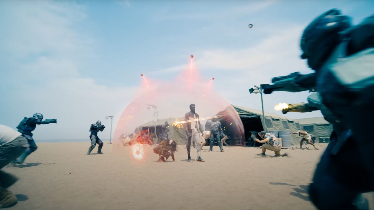 Mister Terrific uses his T-Spheres to defend himself in Superman (2025).