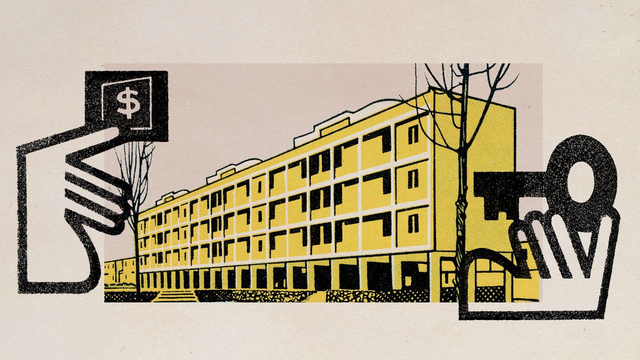 Illustrative collage of a retro apartment building, and a pair of hands holding money and a key.