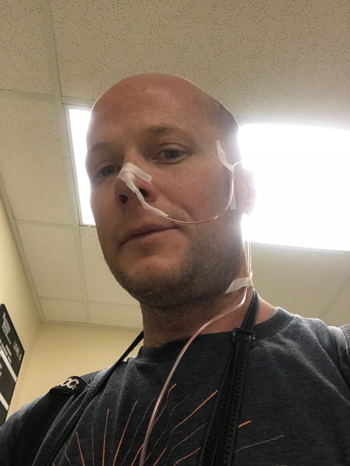 Chris Horner undergoes a 24-hour test with a wire running down his nose through his throat to monitor his stomach issues.